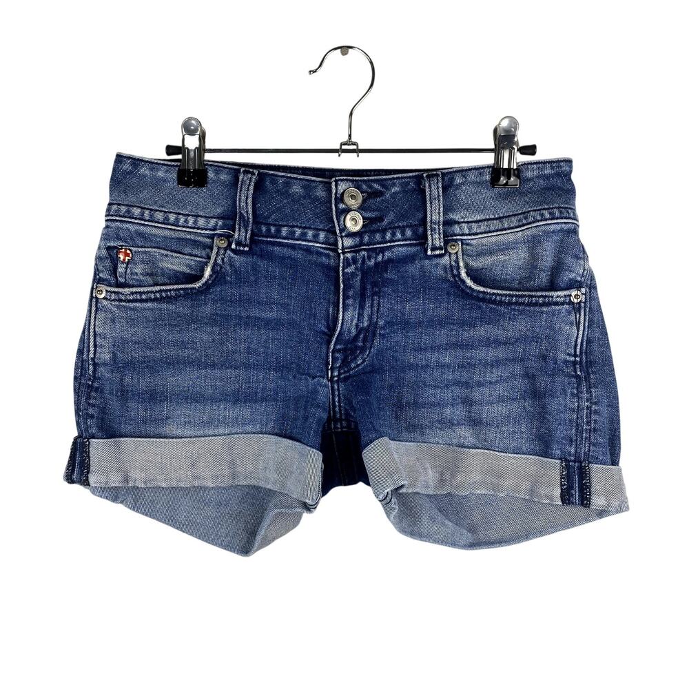 Hudson Y2K Style Union Jack Cut Off Denim Jean Shorts Grunge Flap Pocket 25W